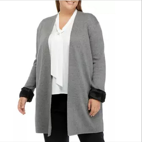 New Kasper Grey Knit Faux Fur Trim Longline Duster Cardigan Plus Sweater - Picture 3 of 11